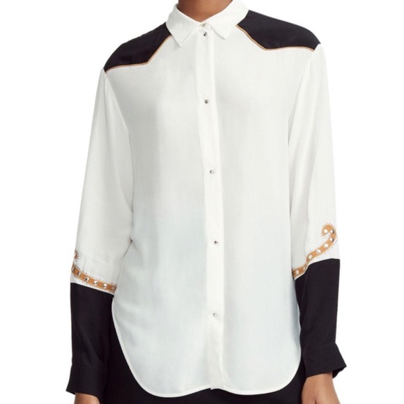 NWT $340 Maje 1 Chesti Western-Inspired Love Shirt Embroidery Long-sleeve Top